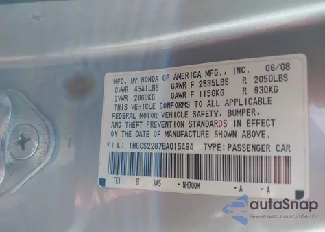 2008 Honda Accord 3.5 Ex-L from USA, damaged, VIN 1HGCS22878A015494